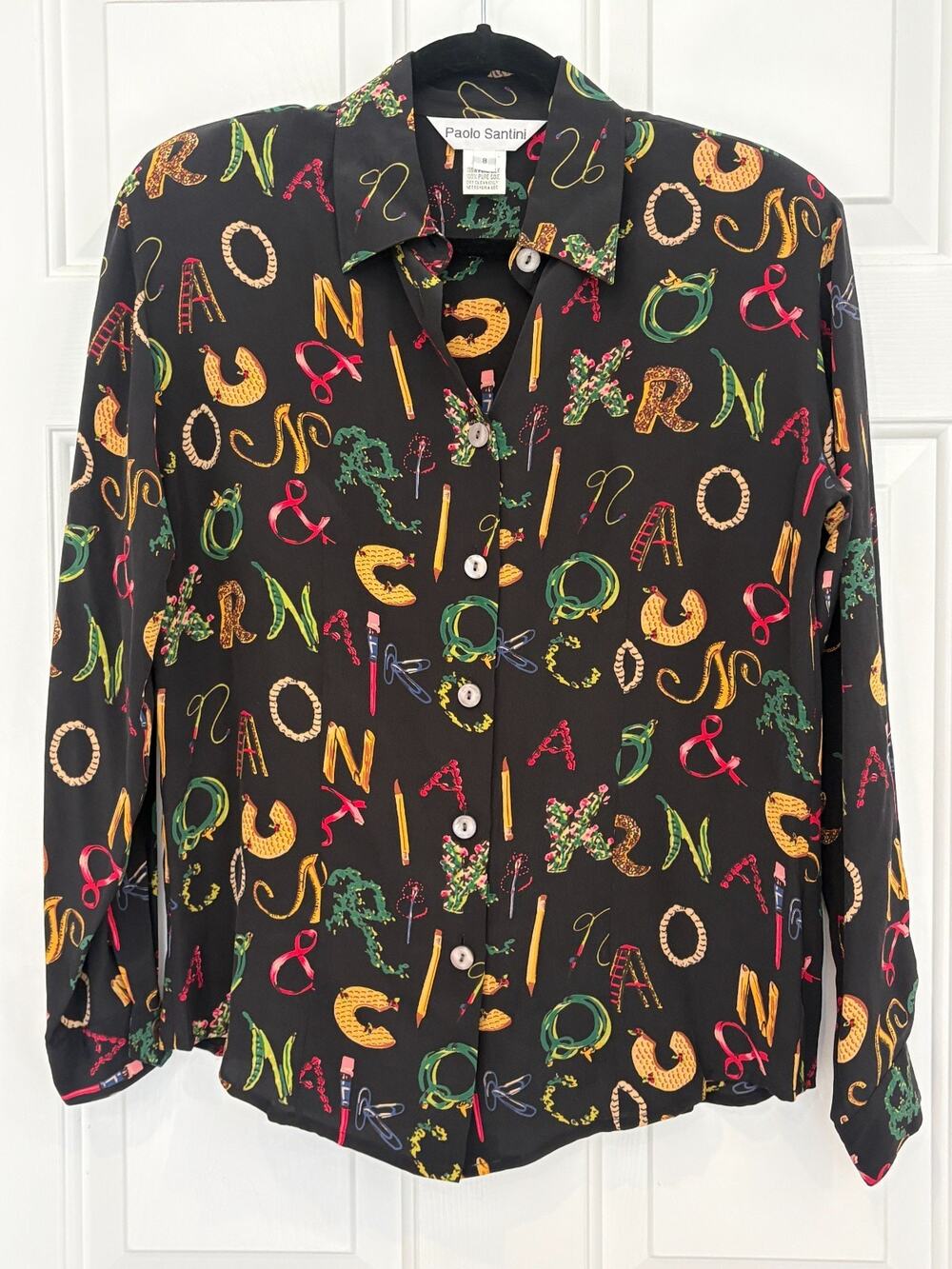 Paolo Santini Vintage Silk Alphabet Blouse Black Colorful Novelty Teacher Art 8